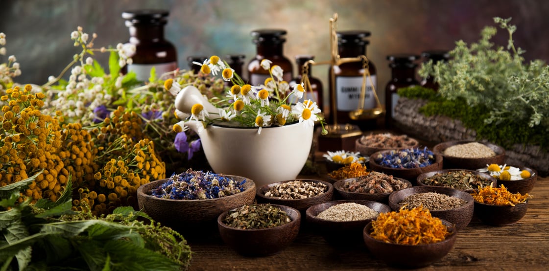 Healing herbs on wooden table, mortar and herbal medicine